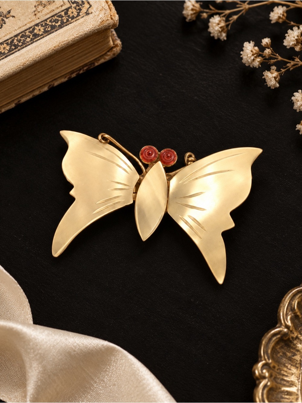 Vintage Gold Tone Mother of Pearl Butterfly Brooch with Red Accents l